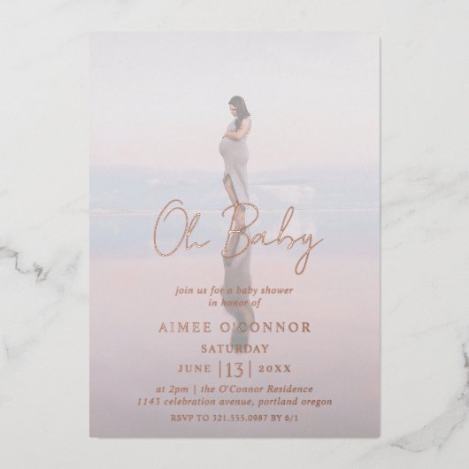 Rustisch script Foto Oh Baby shower Roos Gold Folie Uitnodiging (Voorkant)