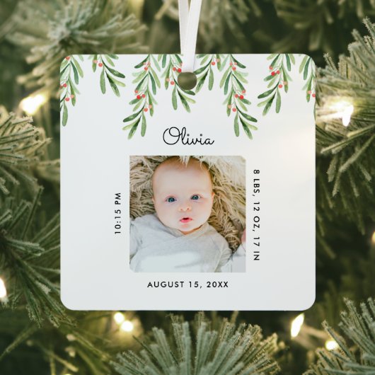 Rustisch script Mistletoe Foto Baby eerste kerstmi Metalen Ornament (Insitu)