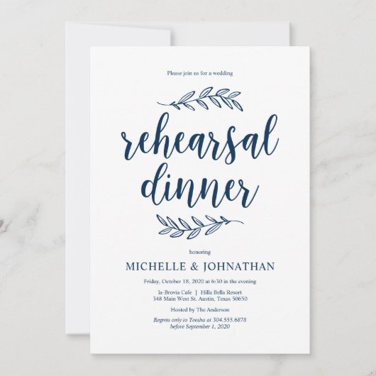 Rustisch script, Navy Blue, Wedding Rehearsal Dinn Kaart (Voorkant)