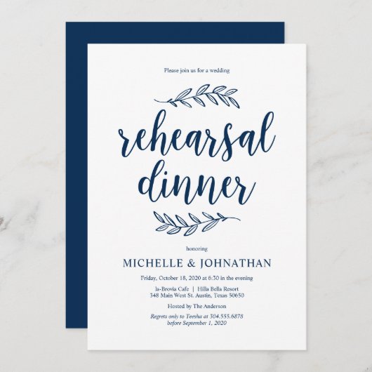 Rustisch script, Navy Blue, Wedding Rehearsal Dinn Kaart (Voorkant / Achterkant)