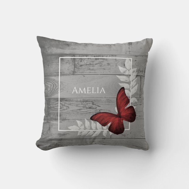 Rustisch Sierkussen met rode vlinder (Voorkant)