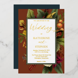 Rustisch Sinaasappel Floral Bouquet Blauwgroen huw Folie Uitnodiging
