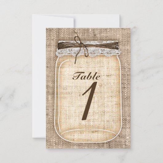 Rustisch tabelnummer grote Mason Jar & Burlap Kaart (Voorkant)