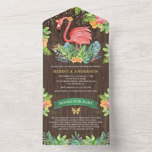 Rustisch Tropisch Cute Flamingo Baby shower All In One Uitnodiging (Binnen)
