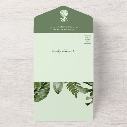 Rustisch tropisch Oerwoud blauw vlinderBaby shower All In One Uitnodiging (Buitenkant)