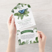 Rustisch tropisch Oerwoud blauw vlinderBaby shower All In One Uitnodiging (Afscheurbaar)