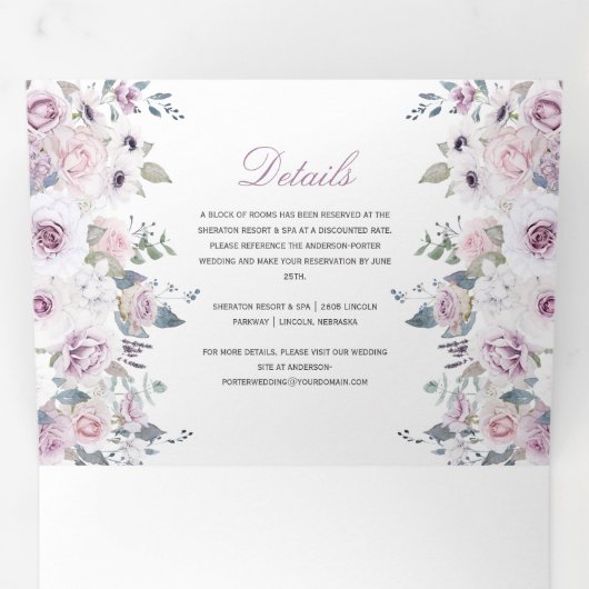 Rustisch Violet en roze Waterverf Rozen bruiloft Drieluik Uitnodiging (Binnenzijde eerst)