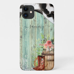 Rustisch Western Turquoise Wood Koeienhuid iPhone 11 Hoesje