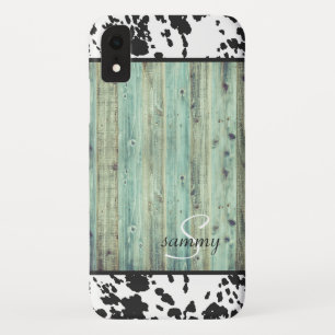 Rustisch Western Turquoise Wood Koeienhuid Monogra iPhone XR Hoesje