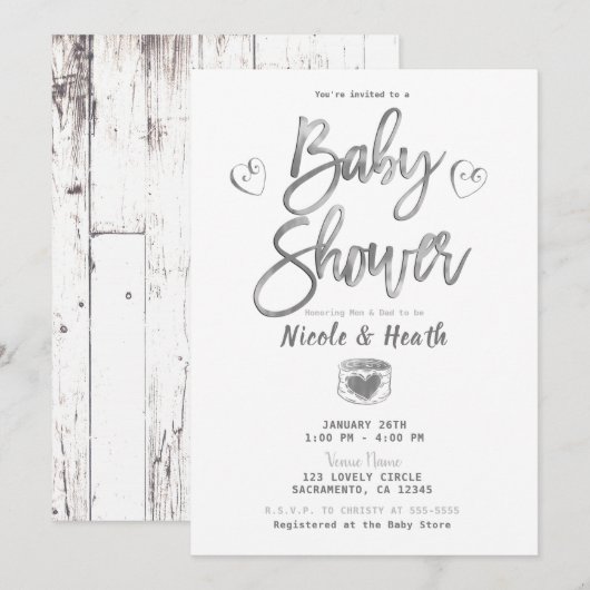 Rustisch White Barn Wood Silver Baby shower Kaart (Voorkant / Achterkant)