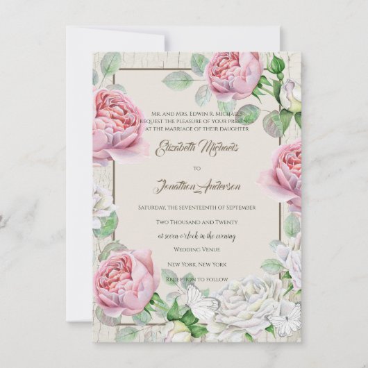 Rustisch wit hout en roze rozen huwelijk kaart (Voorkant)