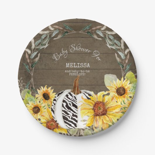 Rustisch Zebra White Pumpkin Sunflower Baby shower Papieren Bordje (Voorkant)