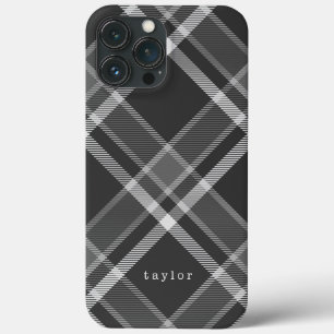 Rustisch zwart en grijs Tartan met naam iPhone 13 Pro Max Hoesje