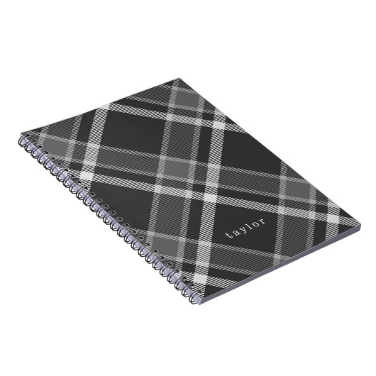 Rustisch zwart en grijs Tartan met naam Notitieboek (Rechterzijde)