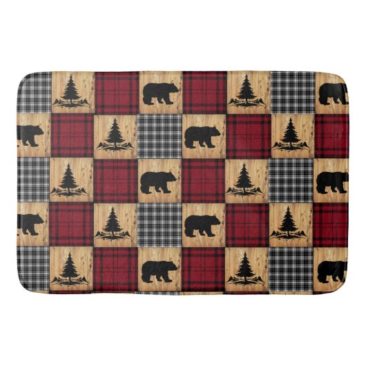 Rustische buffelcontrole Beren Bomen Rood Rood Zwa Badmat (Voorkant)