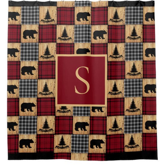 Rustische buffelcontrole Beren Bomen Rood Rood Zwa Douchegordijn (Voorkant)