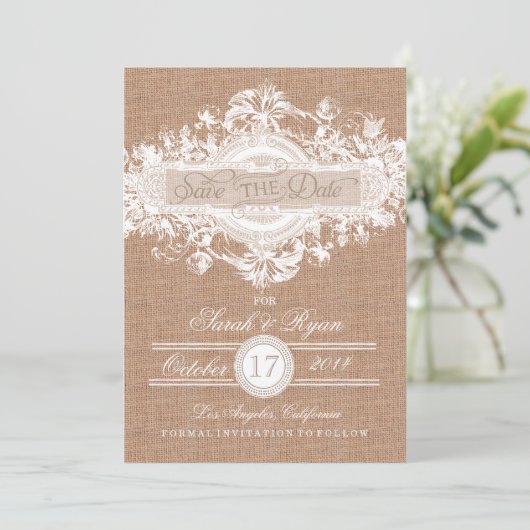 RUSTISCHE BURLAP  STROOM BEWAREN DE DATUM SAVE THE DATE (Staand voorkant)
