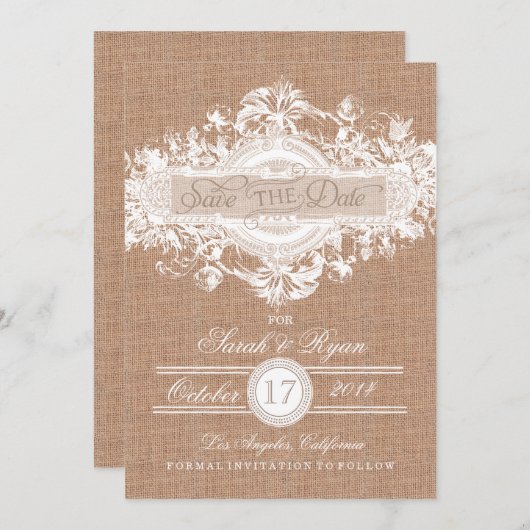 RUSTISCHE BURLAP  STROOM BEWAREN DE DATUM SAVE THE DATE (Voorkant / Achterkant)