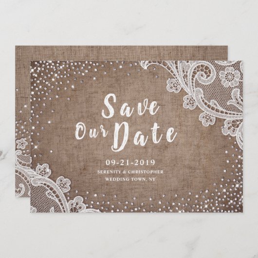 Rustische burlap zilverglitter, met uitzondering v save the date (Voorkant / Achterkant)