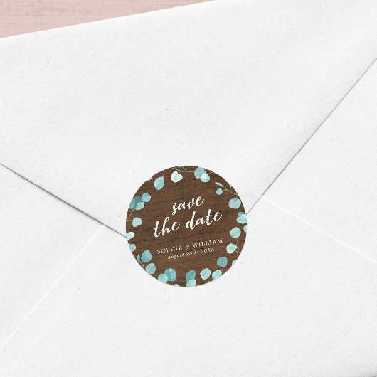 Rustische eucalyptus en bruin hout Bespaar de datu Ronde Sticker