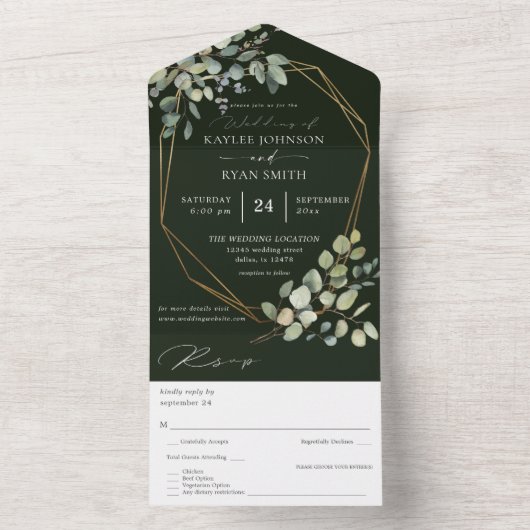 Rustische eucalyptus en goudbruin Lijst - groen All In One Uitnodiging (Binnen)