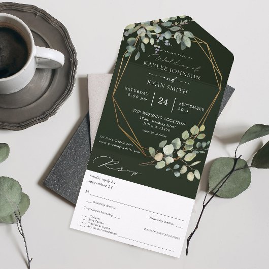 Rustische eucalyptus en goudbruin Lijst - groen All In One Uitnodiging