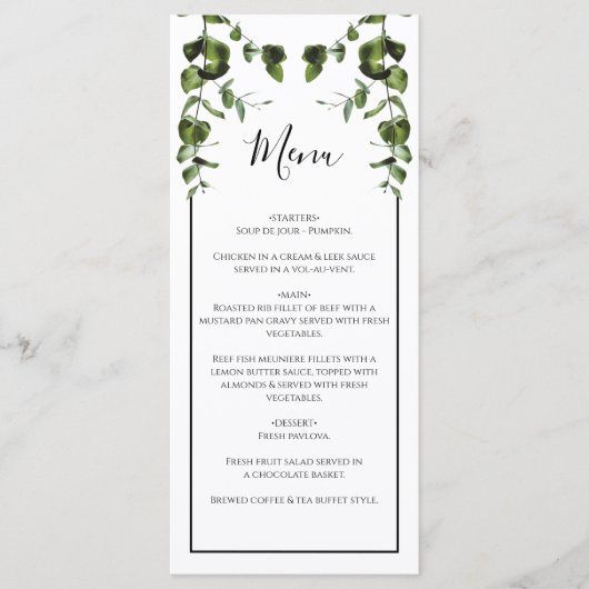 Rustische eucalyptus Leaves Wedding Menu (Voorkant)