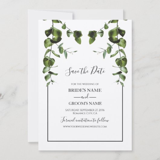 Rustische eucalyptus Leaves Wedding Save The Date (Voorkant)