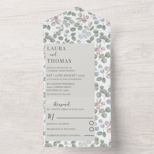 Rustische eucalyputus Sage Green Pattern Wedding All In One Uitnodiging (Binnen)
