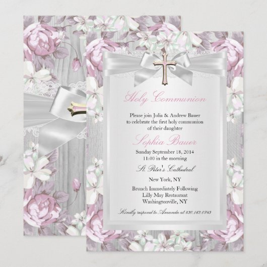 Rustische  Floral Eerste Communiroze 2 Kaart (Voorkant / Achterkant)