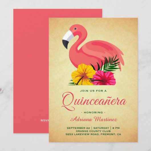 -Rustische Floral Flamingo Quinceanera Kaart (Voorkant / Achterkant)