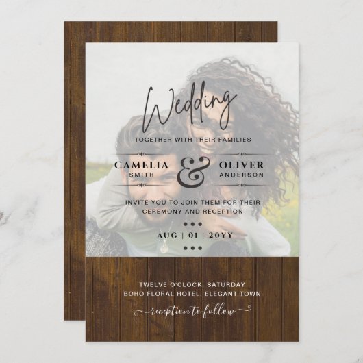 Rustische FOTO-OVERLAY Wedding INVITE QR-code RSVP Kaart (Voorkant / Achterkant)