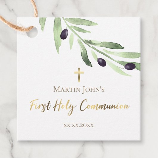 Rustische groene olijftak Eerste Gemeenschap Bedankjes Labels (Voorkant)