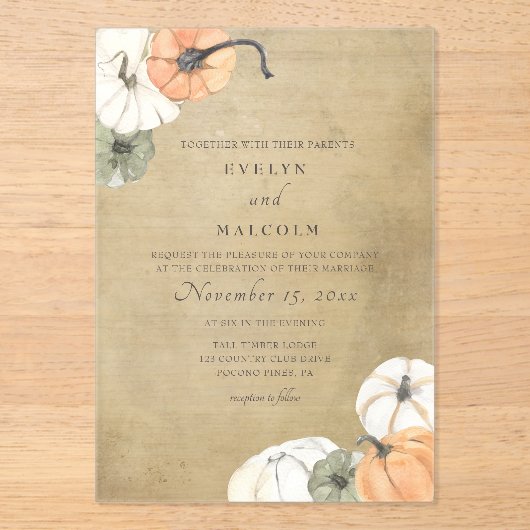 Rustische Herfst herfst White, Oranje pompoenen br Acryl Uitnodigingen (Voorkant)