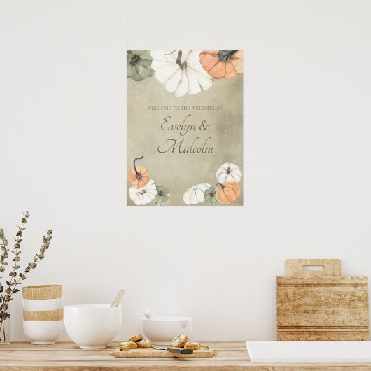 Rustische Herfst herfst White, Oranje pompoenen br Poster (Keuken)