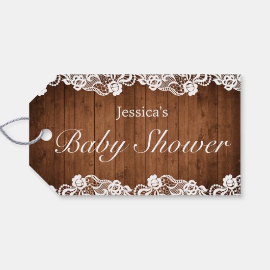 Rustische hout & witte kant baby shower cadeaulabel (Achterkant Horizontaal)