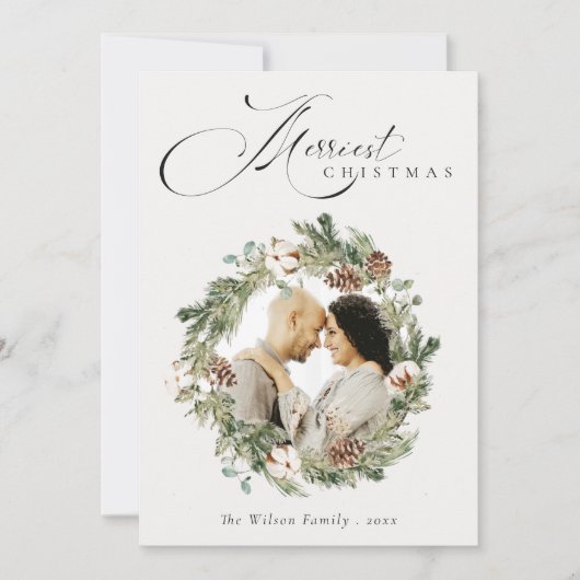 Rustische katoenen dennenappel foto kerstkrans feestdagenkaart (Voorkant)