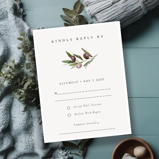 Rustische minimale olijftak Foliage Wedding RSVP