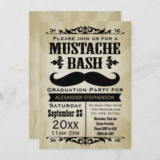 Rustische  Mustache Bash Graduation Party Kaart (Voorkant / Achterkant)