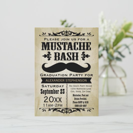 Rustische  Mustache Bash Graduation Party Kaart (Staand voorkant)