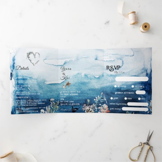 Rustische Oceaan Complete RSVP Weddenschap Drieluik Uitnodiging (Binnen)
