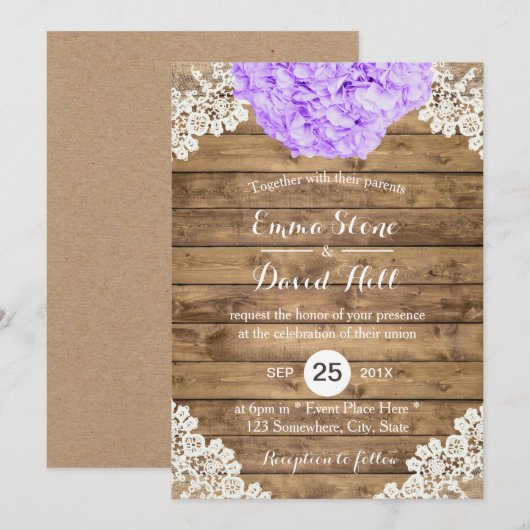 Rustische Paarse Hydrangea Floral Lace Barn Weddin Kaart (Voorkant / Achterkant)