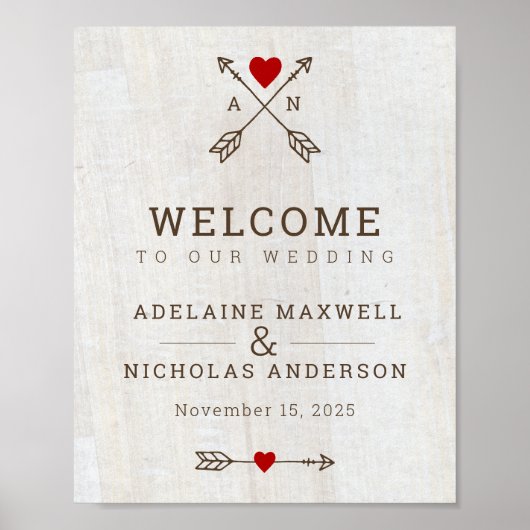 Rustische pijlen Rood Heart Wedding Poster (Voorkant)