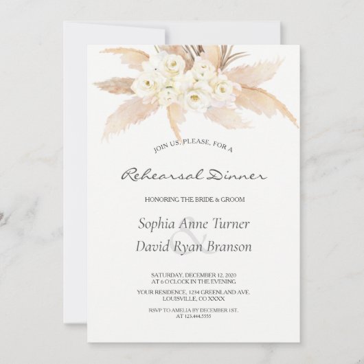 Rustische Rozen Pampas Grass Rehearsal Dinner Kaart (Voorkant)