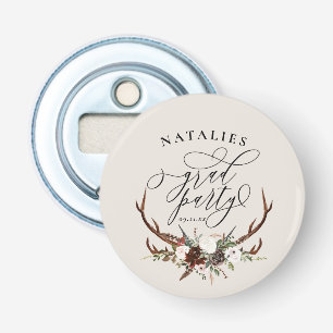 Rustische stag antlers en florale graduatie party button flesopener