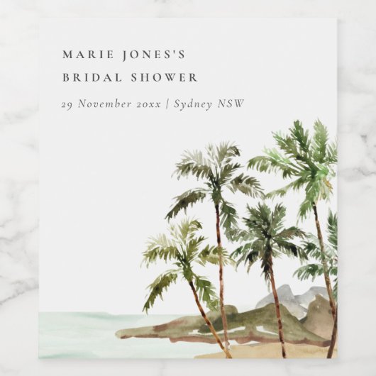 Rustische Tropische Palmboom Strand Bruidsdouche Wijn Etiket (Enkel label)