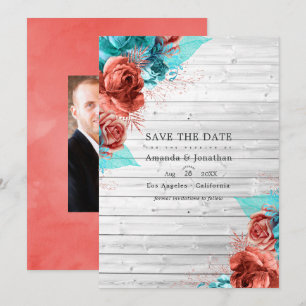 Rustische  Turquoise en koraal Floral Wedding Save The Date