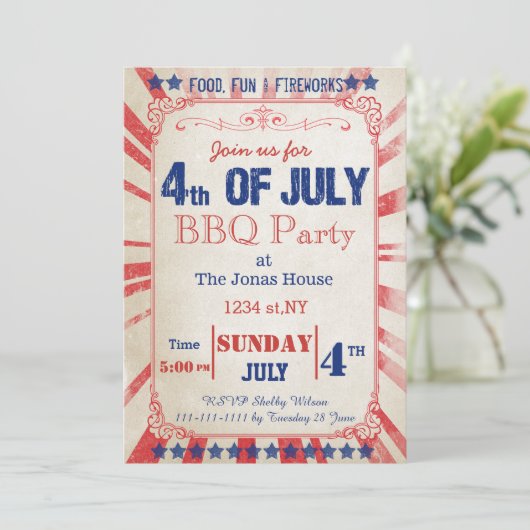 Rustische  Uitnodiging vierde feestdag juli (Staand voorkant)