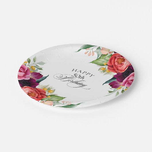 Rustische Waterverf Floral 50e verjaardag Papieren Bordje (Gekanteld)