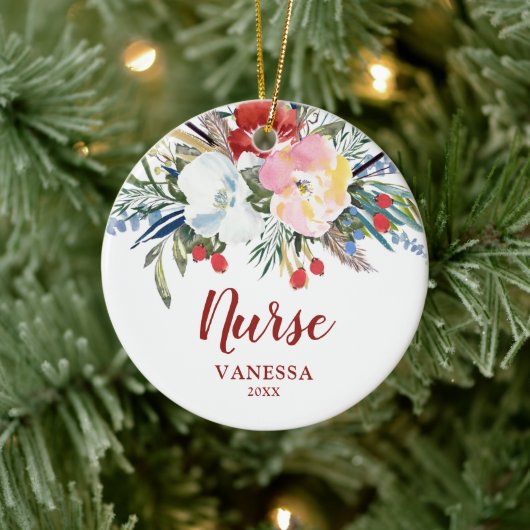 Rustische Waterverf Floral Personalized Nurse Keramisch Ornament (Boom)